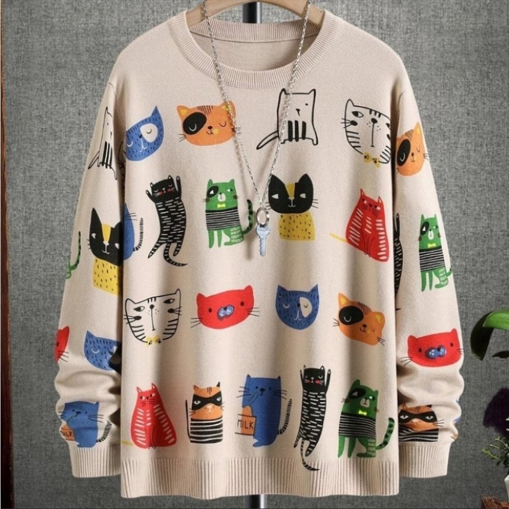 Apricot Casual Mens Cartoon Pattern Sweater